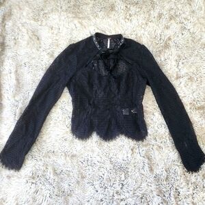 Free People Black Lace Long Sleeve Crop Top with Tie Neck & Open Bust Size Small